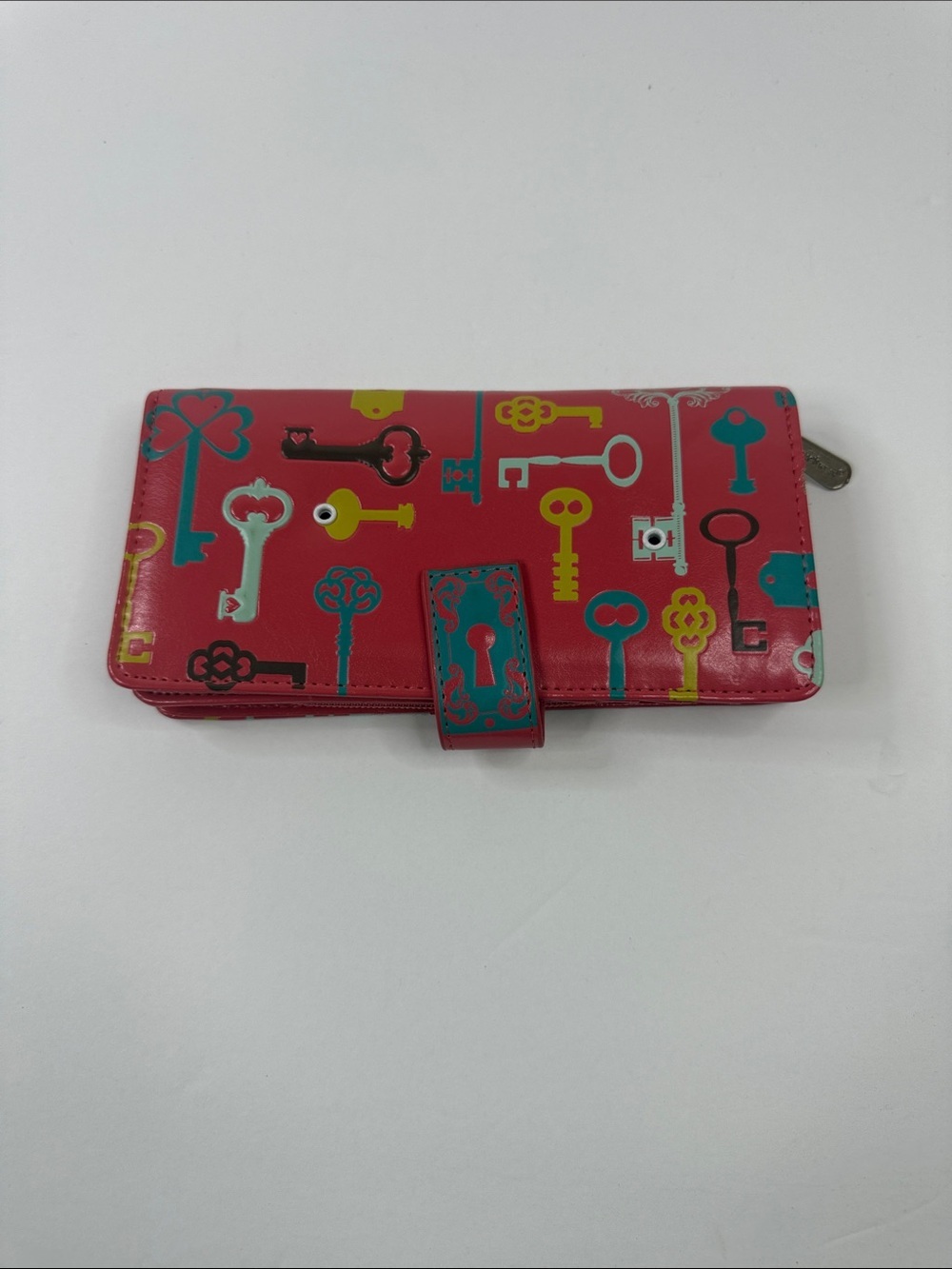 Bright Pink Key-Print Wallet with Snap Closure